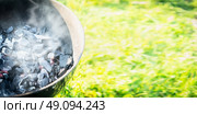Empty Grill with coals and smoke on a background of grass, outdoor, banner. Стоковое фото, агентство Ingram Publishing / Фотобанк Лори