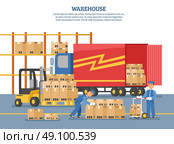 Logistics Delivery Poster. Logistics delivery poster with people who unload truck in warehouse and headline warehouse on top vector illustration. Стоковая иллюстрация, агентство Ingram Publishing / Фотобанк Лори