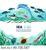 Sea Underwater Life Cartoon Illustration. Cartoon vector illustration of sea life with exotic underwater inhabitants and shoal of fishes in marine waves . Стоковая иллюстрация, агентство Ingram Publishing / Фотобанк Лори