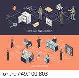 Judicial System Isometric Horizontal Banners. Judicial system isometric horizontal banners with crime arrest evidences investigation interrogation court hearing isolated vector illustration. Стоковая иллюстрация, агентство Ingram Publishing / Фотобанк Лори