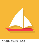 Red Boat with White Sails. Red boat with white sails icon in flat style isolated on yellow background. Vector illustration. Стоковая иллюстрация, агентство Ingram Publishing / Фотобанк Лори