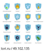 Protection Proof Flat Color Stickers. Protection proof flat color stickers for sunproof waterproof pressure and chemical resistant products isolated vector illustration. Стоковая иллюстрация, агентство Ingram Publishing / Фотобанк Лори