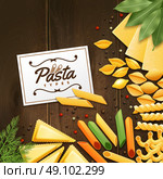 Background With Different Kinds Of Pasta. Background with different kinds of pasta with green and spices on wooden table vector illustration. Стоковая иллюстрация, агентство Ingram Publishing / Фотобанк Лори