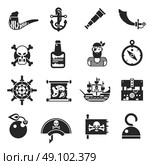 Pirates Black Icons Set. Pirates black icons set with boarding saber projectile for gun hand hook bottle of rum isolated vector illustration. Стоковая иллюстрация, агентство Ingram Publishing / Фотобанк Лори