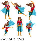 Superwoman Actions Icon Set. Longhaired superwoman actions set in cartoon colored style with different poses vector illustration. Стоковая иллюстрация, агентство Ingram Publishing / Фотобанк Лори