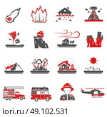 Natural Disaster Red Black Icons Collection  . Natural disasters red black icons set with drought hazard and earth quake symbols abstract isolated vector illustration  . Стоковая иллюстрация, агентство Ingram Publishing / Фотобанк Лори