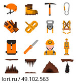 Speleology Flat Icons Set. Speleologist in helmet with light harness equipment and ice axe flat icons set abstract isolated vector illustration  . Стоковая иллюстрация, агентство Ingram Publishing / Фотобанк Лори