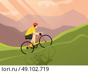 Cyclist Flat Poster. Cyclist flat figure poster riding up the mountain by landscape and flashing sunlights background vector illustration. Стоковая иллюстрация, агентство Ingram Publishing / Фотобанк Лори