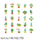 House Plants Flat Icons Set . House plants and flowers for interior decoration  flat icons collection with aloe and geranium abstract isolated vector illustration. Стоковая иллюстрация, агентство Ingram Publishing / Фотобанк Лори