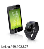 Smart Watch With Phone Realistic Composition . Black smartwatch with smart phone realistic objects composition with white background vector illustration . Стоковая иллюстрация, агентство Ingram Publishing / Фотобанк Лори