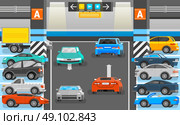 Underground Parking Illustration . Underground parking with road cars and signs orthogonal flat vector illustration . Стоковая иллюстрация, агентство Ingram Publishing / Фотобанк Лори