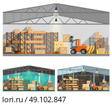 Warehouse And Storage Compositions Set . Warehouse and storage orthogonal compositions set with roof and lamps flat isolated vector illustration . Стоковая иллюстрация, агентство Ingram Publishing / Фотобанк Лори