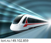 Speed Train Railway Station Realistic Poster . Super streamlined high speed train station tunnel with motion light effect background realistic poster print vector illustration . Стоковая иллюстрация, агентство Ingram Publishing / Фотобанк Лори