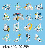 Robotic Surgery Isometric Icons Set. Robotic surgery isometric icons set with  surgeons patients and medical robots with widescreen touch screen and touch control isolated vector illustration. Стоковая иллюстрация, агентство Ingram Publishing / Фотобанк Лори