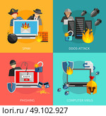 Hacker Attacks 2x2 Design Concept . Hacker 2x2 flat design concept with spam phishing ddos attack and computer viruses threats for computer systems icons compositions vector illustration. Стоковое фото, агентство Ingram Publishing / Фотобанк Лори