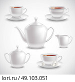 Realistic Tea Set. Realistic tea set with filled teacups saucers pot and sugar bowl on white background vector illustration. Стоковая иллюстрация, агентство Ingram Publishing / Фотобанк Лори