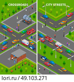 Street Traffic Isometric Vertical Banners. Street traffic isometric vertical banners set with crossroads underpass bus stop pedestrians trucks and cars vector illustration. Стоковая иллюстрация, агентство Ingram Publishing / Фотобанк Лори