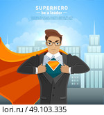 Super Hero Businessman Concept. Businessman opening shirt in superman style on the cityscape concept vector illustration. Стоковая иллюстрация, агентство Ingram Publishing / Фотобанк Лори