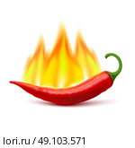 Flaming Hot Chili Pepper Pod Image. Flaming red chili pepper pod image as symbol of spicy world hottest food ingredient realistic vector illustration . Стоковая иллюстрация, агентство Ingram Publishing / Фотобанк Лори