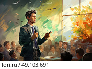 Beautiful Soliloquy: Mans Powerful Voice Echoes Through Sea of Faces, charismatic man captivates crowd as he stands amidst them, passionately delivering speech with microphone in hand. Стоковое AI-изображение, AI-художник Данила Большаков / Фотобанк Лори