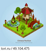 Chinese Pavilion Landscape Design Concept. Chinese pavilion resting place with beautiful landscape and decoration elements isometric design concept vector illustration. Стоковая иллюстрация, агентство Ingram Publishing / Фотобанк Лори