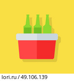 Portative Beach Freezer Bag. Portative beach freezer bag flat design icon. Picnic cooling lunch box isolated on yellow background. Small freezer-bag in red color with drinks. Vector illustration. Стоковая иллюстрация, агентство Ingram Publishing / Фотобанк Лори