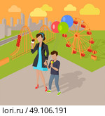 Family Holiday in the Amusement Park Concept. Family holiday in the amusement park vector illustration. City entertainment in the summer vacation concept. Child birthday walk. Woman and child eating ice-cream near attractions. . Стоковая иллюстрация, агентство Ingram Publishing / Фотобанк Лори