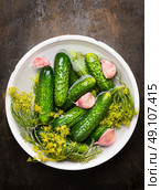 White bowl with cucumber and pickle for preserving on rustic wooden background, top view. Стоковое фото, агентство Ingram Publishing / Фотобанк Лори