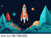 Luminary Trail: A Glowing Rocket Pierces the Midnight, Set to Conquer the Cosmos. Стоковое AI-изображение, AI-художник Данила Большаков / Фотобанк Лори