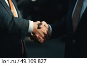 Silent Negotiations: Two Men Shaking Hands in an Enigmatic Encounter. Стоковое AI-изображение, AI-художник Данила Большаков / Фотобанк Лори