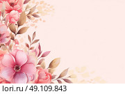 Blushing Blossoms: A Serene Tapestry of Pink Flowers and Delicate Leaves. Стоковое AI-изображение, AI-художник Данила Большаков / Фотобанк Лори