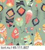 Seamless pattern with boho vintage tribal ethnic colorful vibrant feathers, vector illustration. Стоковая иллюстрация, агентство Ingram Publishing / Фотобанк Лори