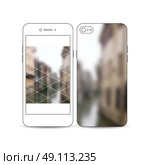 Mobile smartphone with an example of the screen and cover design isolated on white background. Polygonal background, blurred image, urban landscape, modern stylish triangular vector texture. Стоковая иллюстрация, агентство Ingram Publishing / Фотобанк Лори