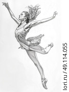 A pencil drawing of a ballerina gracefully leaping into the air, showcasing her talent and agility in a stunning display of strength and poise. Стоковое AI-изображение, AI-художник Данила Большаков / Фотобанк Лори