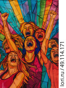 A painting depicting a diverse group of individuals joyfully raising their arms in unison. Стоковое AI-изображение, AI-художник Данила Большаков / Фотобанк Лори