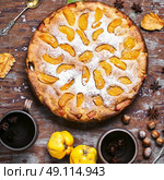Pie with autumn quinces. Autumn pie with slices of quince and warming cup of tea. Стоковое фото, агентство Ingram Publishing / Фотобанк Лори