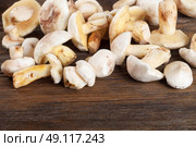Edible wild mushrooms on a wooden background. Forest cleaned mushrooms. Стоковое фото, агентство Ingram Publishing / Фотобанк Лори