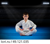 Little boy martial arts fighter in sports hall. Стоковое фото, агентство Ingram Publishing / Фотобанк Лори