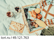 Picnic Basket With Fruits, Orange Juice, Croissants, Quesadilla And No Bake Blueberry And Strawberry Jam Cheesecake. Стоковое фото, агентство Ingram Publishing / Фотобанк Лори