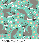 Little cute squirrels on flowers meadow. Seamless spring or summer pattern for gift wrapping, wallpaper, childrens room, clothing. Vector illustration. Стоковая иллюстрация, агентство Ingram Publishing / Фотобанк Лори