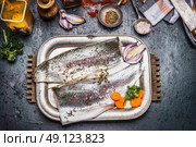 Raw trout fish fillet preparation with gut vegetables, fennel seeds, salt and seasoning for tasty cooking  on dark rustic background, top view. Healthy food and diet concept. Стоковое фото, агентство Ingram Publishing / Фотобанк Лори