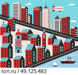 Flat city with houses, streets and roads to the sea and the ship. Стоковая иллюстрация, агентство Ingram Publishing / Фотобанк Лори