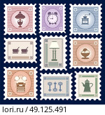 Retro postage stamps. Retro postage stamps on the theme of homes Things. Стоковая иллюстрация, агентство Ingram Publishing / Фотобанк Лори