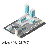 Isometric map of the city airport, the trees and the flight of construction and building, terminal, planes and cars vector illustration. Стоковая иллюстрация, агентство Ingram Publishing / Фотобанк Лори