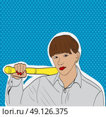 Pop art man face with an open mouth and big bulging eyes with besbolnoy bat. in comic style. Vector illustration. Стоковая иллюстрация, агентство Ingram Publishing / Фотобанк Лори