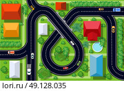 Top view of a highway junction and a traffic intersection in the city with houses, trees and streets. Стоковая иллюстрация, агентство Ingram Publishing / Фотобанк Лори