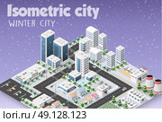 Isometric module of the modern 3D city. Winter landscape snowy trees, streets. Three-dimensional views of skyscrapers, houses, buildings and urban areas with transport roads, urban intersections. Стоковая иллюстрация, агентство Ingram Publishing / Фотобанк Лори