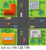 City intersection with the rooftops view from above with cars and trees. City intersection rooftops. Стоковая иллюстрация, агентство Ingram Publishing / Фотобанк Лори