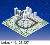 Megapolis 3d isometric three-dimensional view of the city. Collection of houses, skyscrapers, buildings, built and supermarkets with streets and traffic. The stock vector. Стоковая иллюстрация, агентство Ingram Publishing / Фотобанк Лори