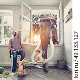 children fed the elephant through a window, while his father sleeping.  Photo combination concept. Стоковое фото, агентство Ingram Publishing / Фотобанк Лори